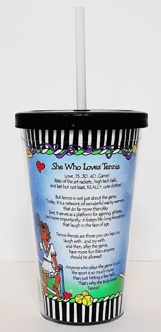 Tennis-themed plastic cup with black striped lid and white straw, front quote and figures