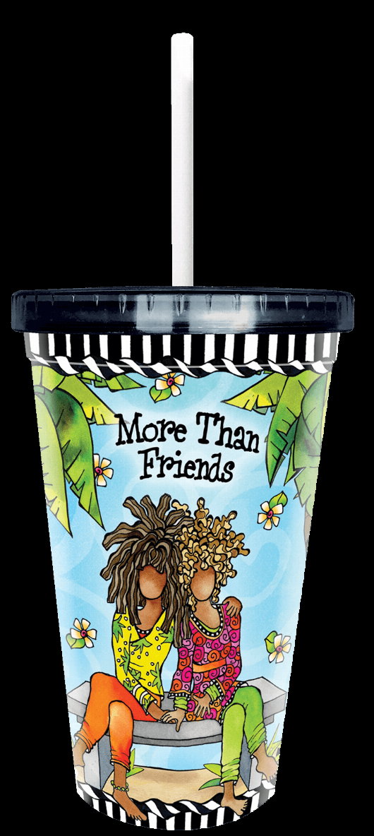 Novelty drink cup with 'More Than Friends' and couple illustration, blue-green design