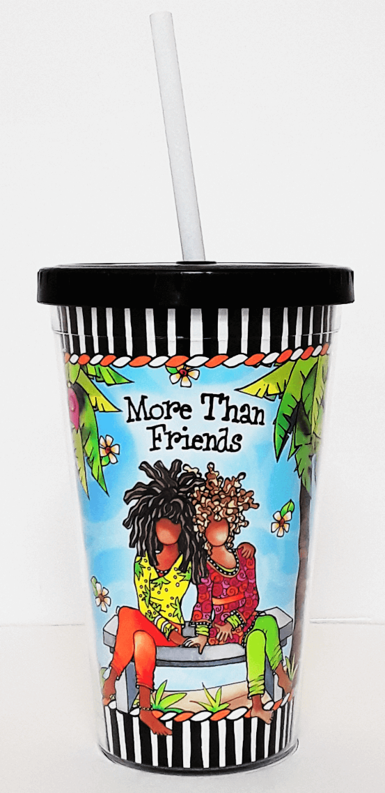 Novelty drink cup with 'More Than Friends' title, seated couple illustration, black rim