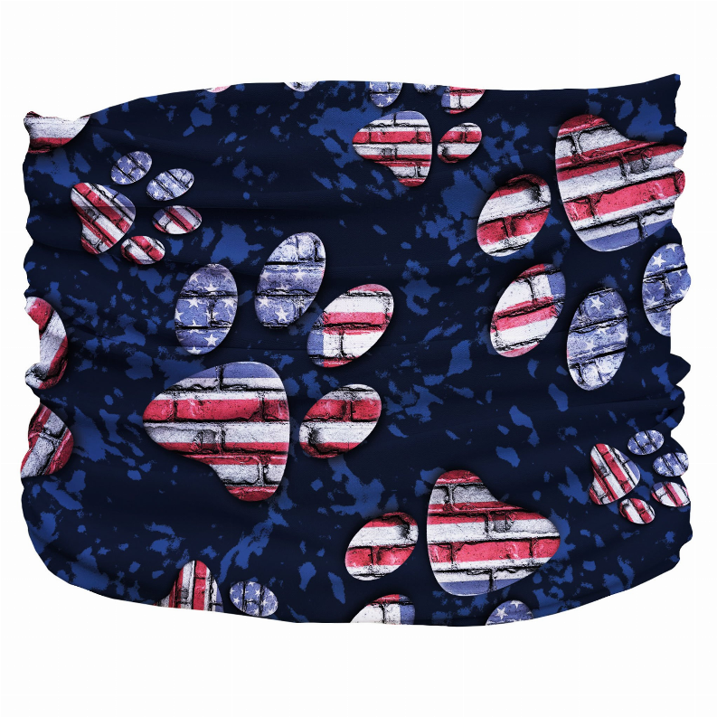 Patriotic pet neck scarf in dark blue with red, white, and blue flag heart and stripe motifs