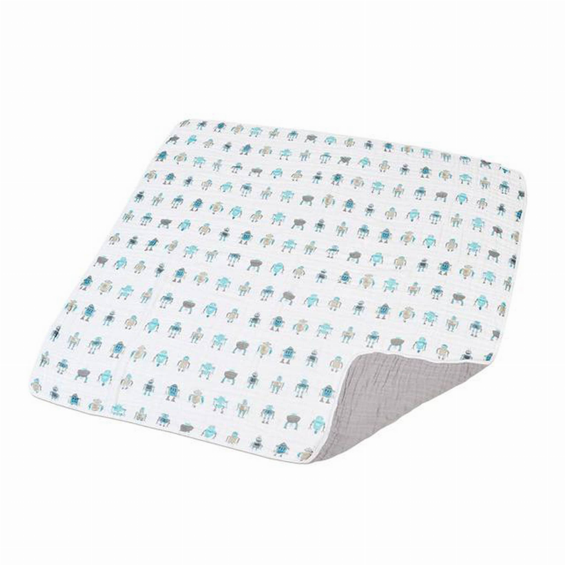 Robot-pattern baby blanket, light base with teal and gray robot print