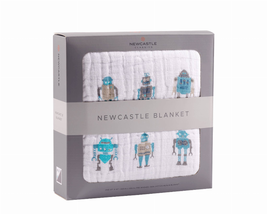 Robot-pattern baby blanket in light fabric with teal robots, shown in box