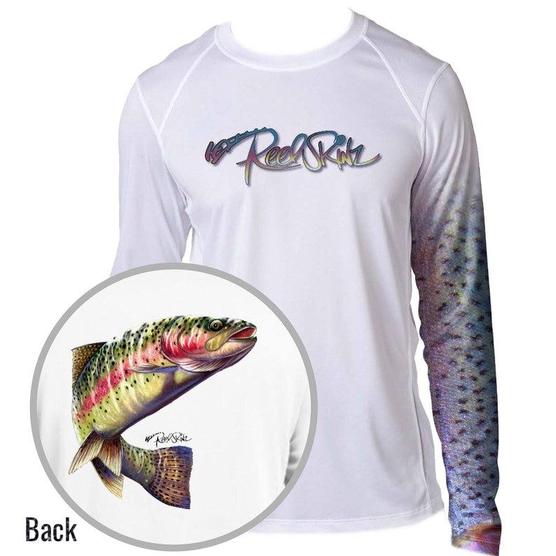 Light gray long-sleeve shirt with colorful trout graphic and logo on chest