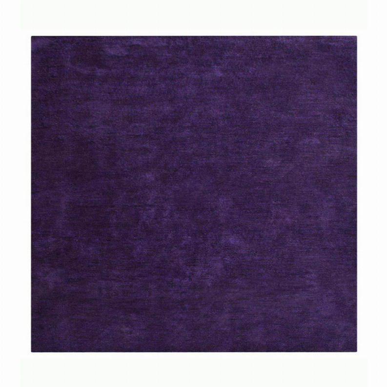 Hand-knotted silk square area rug, solid dark purple, smooth even surface