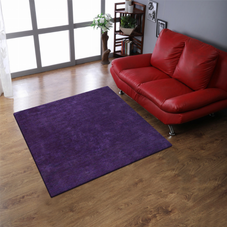 Solid dark purple square area rug, hand-knotted silk texture