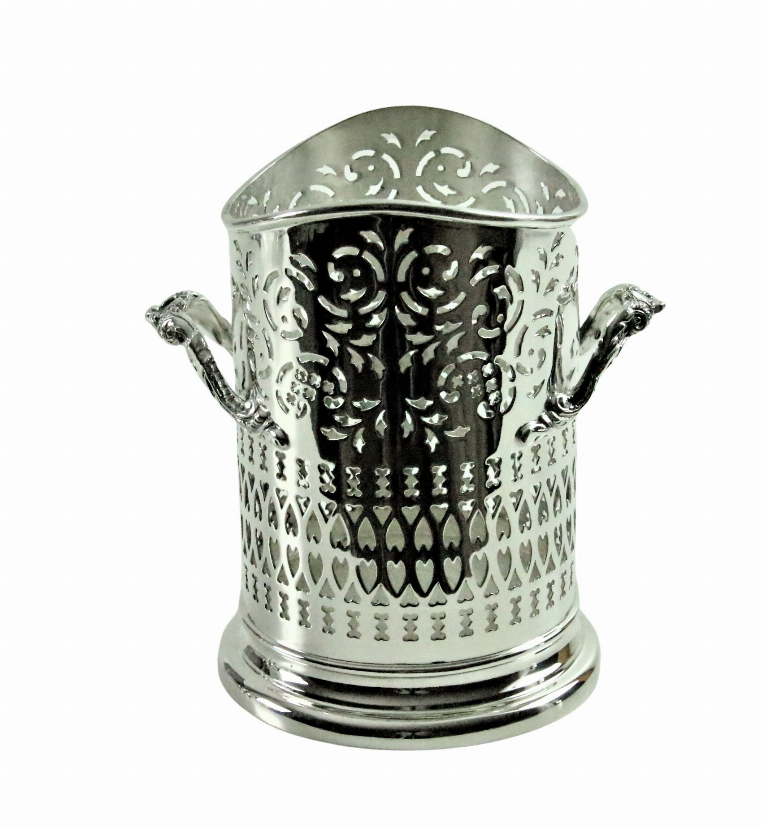 Pierced silver-plated syphon stand with scalloped rim and ornate cutout pattern, side handles