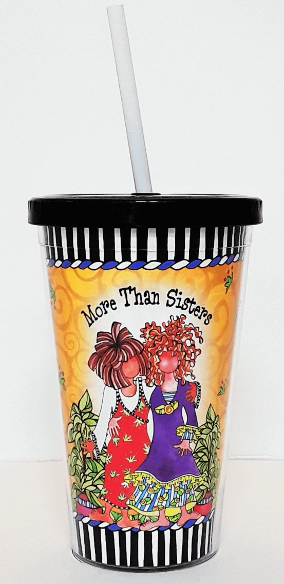Wacky COOL cup with straw, black striped rim, colorful sister illustration and quote