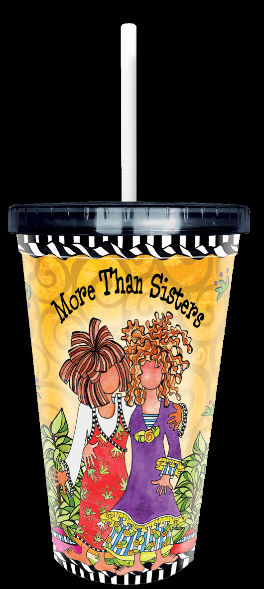 Wacky COOL cup close-up, "More Than Sisters" text with illustrated sisters and garden