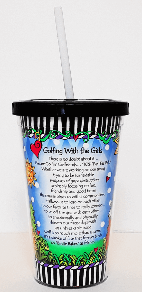 COOL cup with blue text panel reading about 'Golfing With the Girls' and straw