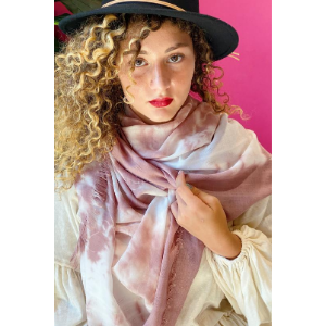 Mauve tie-dye scarf with draped bow at the neck