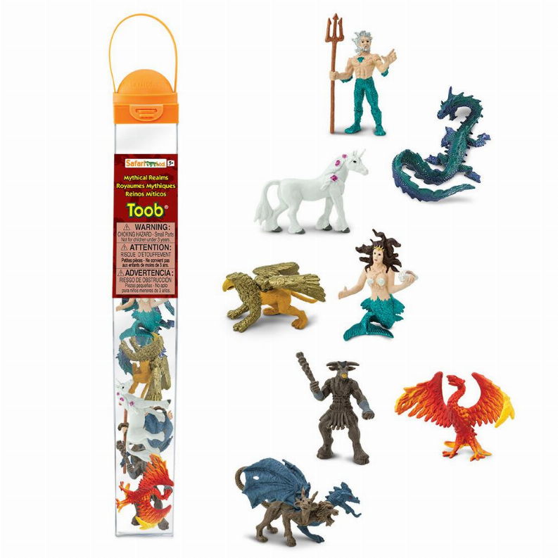 Mythical Realms collectible figurine set with dragon, dinosaur, and warrior figures in tube