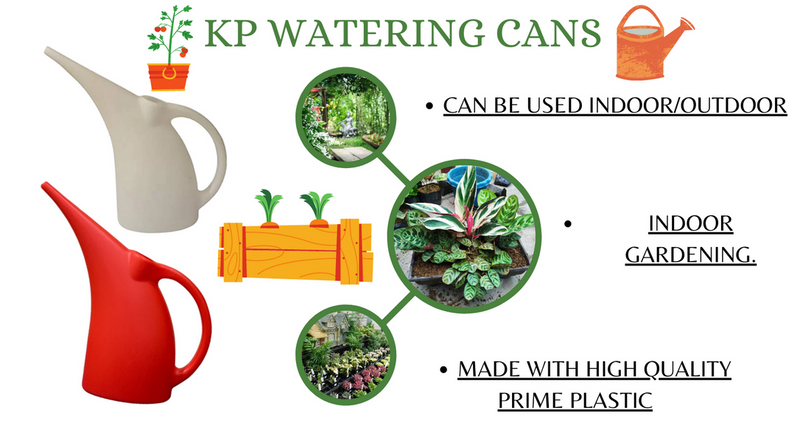 Two plastic watering cans: one grey, one red, each with a curved spout and handle.