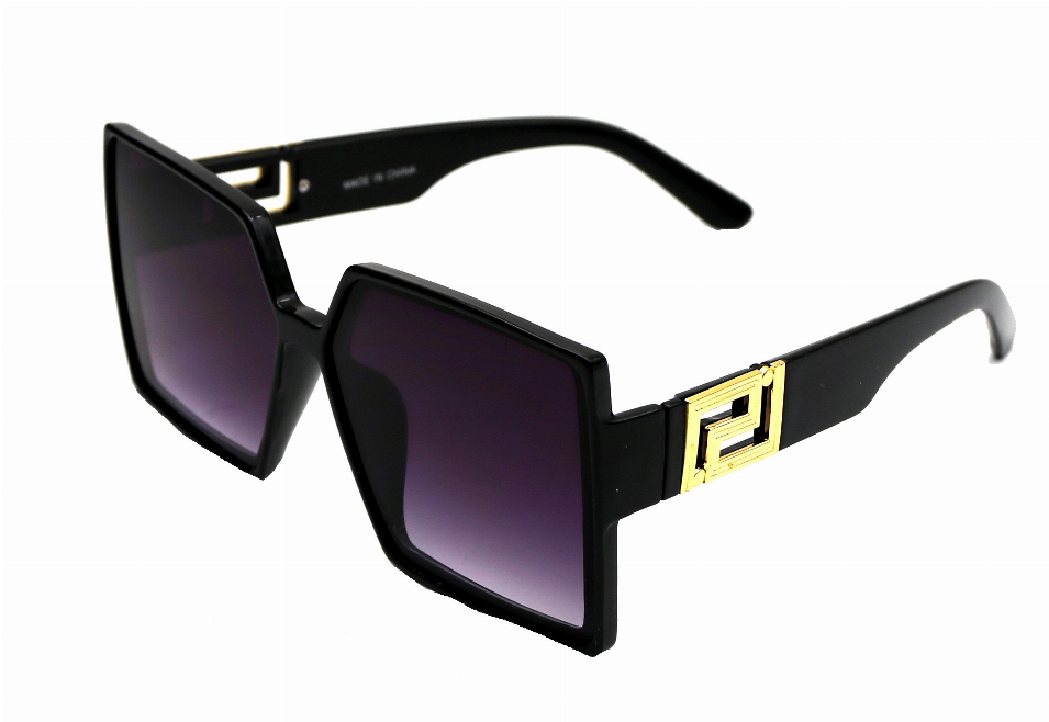 Black square sunglasses with purple gradient lenses and gold logo temple detail