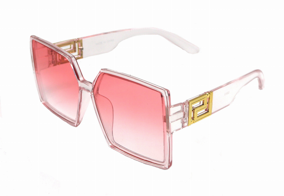Pink tinted square sunglasses with clear frame and gold logo temple detail