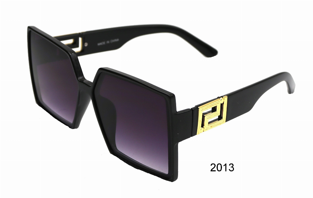 Black square sunglasses with dark purple lenses and gold emblem on temples