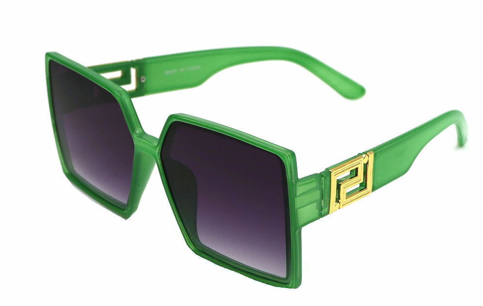 Green square sunglasses with dark purple gradient lenses and gold logo temple detail