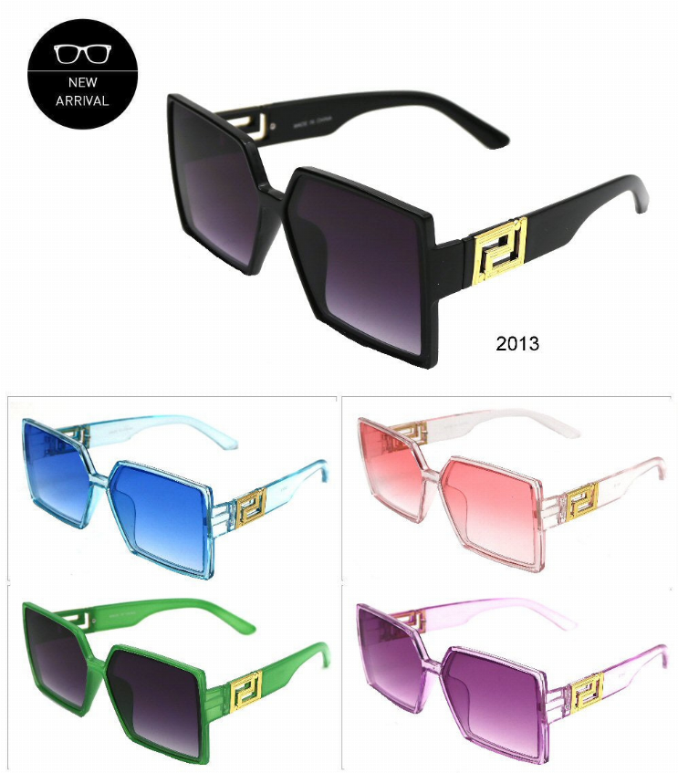 Assorted square sunglasses showing black, blue, green, and pink colorways