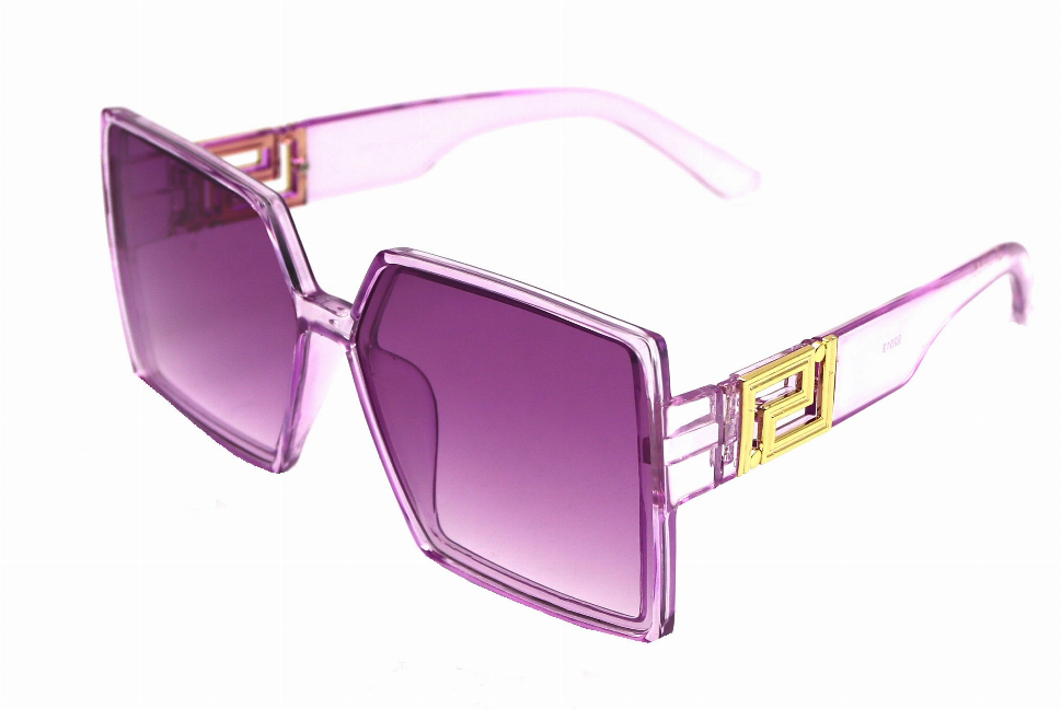 Purple square sunglasses with purple tinted lenses and gold logo temple detail