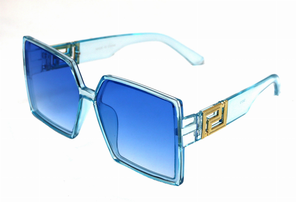 Light blue square sunglasses with blue gradient lenses and gold logo temple detail
