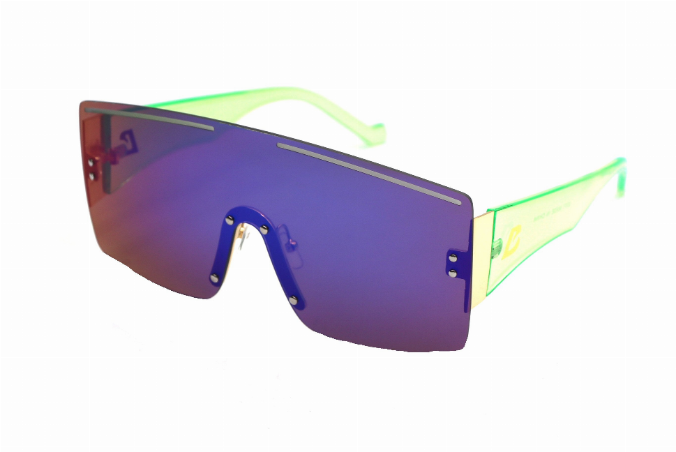 Dark purple gradient sunglasses with neon green arms and metal hinges