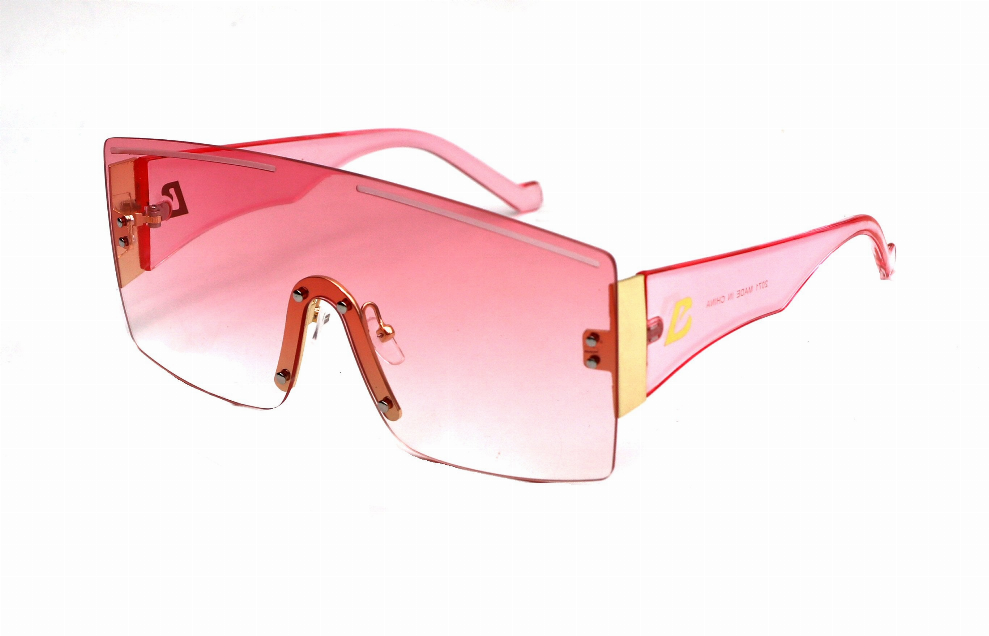 Pink shield sunglasses with rose lenses, gold-tone hinges, and translucent pink arms