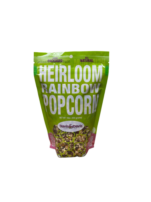 Heirloom rainbow popcorn bag front with green label and kernel graphics