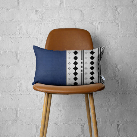Navy blue and white faux leather pillow cover with black diamond ornament stripe