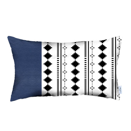 Blue faux leather throw pillow cover with white black geometric stripe and tassel edges