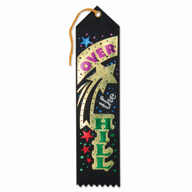Award ribbon badge-style, black with gold glitter letters and colorful stars, orange loop
