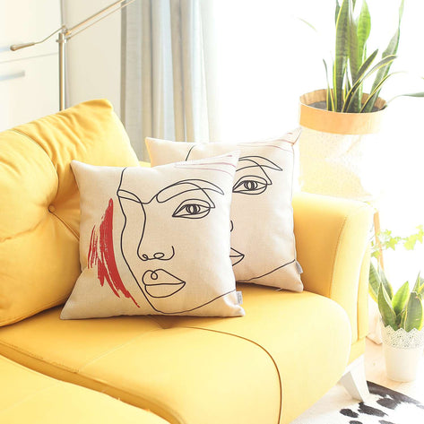 Boho throw pillow cover with cream face line art and red brushstroke
