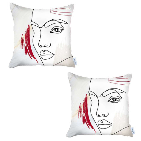 Set of two boho throw pillow covers with cream face line art and red brushstroke