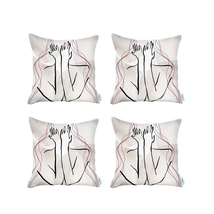 Printed jacquard throw pillow cover set, white with black figure line art and red accents