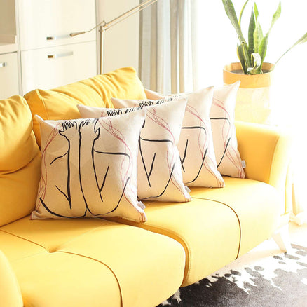 Printed jacquard pillow covers, white fabric with black outline figures and red swirls
