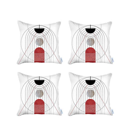 Four white printed throw pillow covers with concentric arches and red-gray stacked figure motif