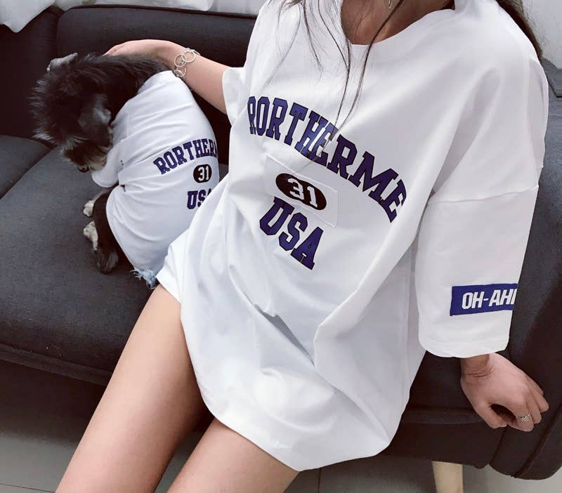 White loose T-shirt for owner and pet with blue USA graphic on chest