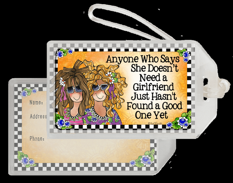 Wacky bag tag with printed quote, checkered border, blue flower accents, clip strap