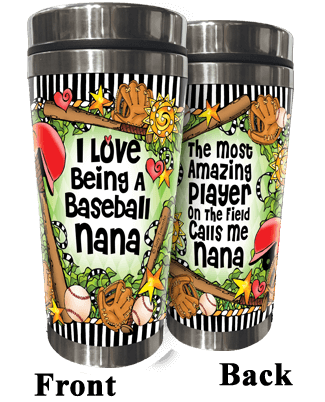Pair of stainless steel tumblers with colorful baseball player graphics and screw lids