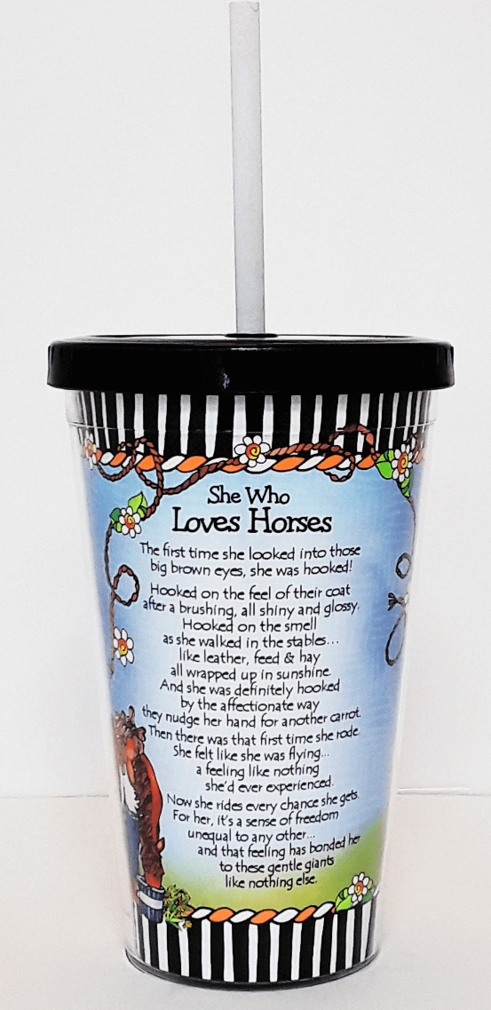 Horse illustration cup with black striped lid, white straw and poem text