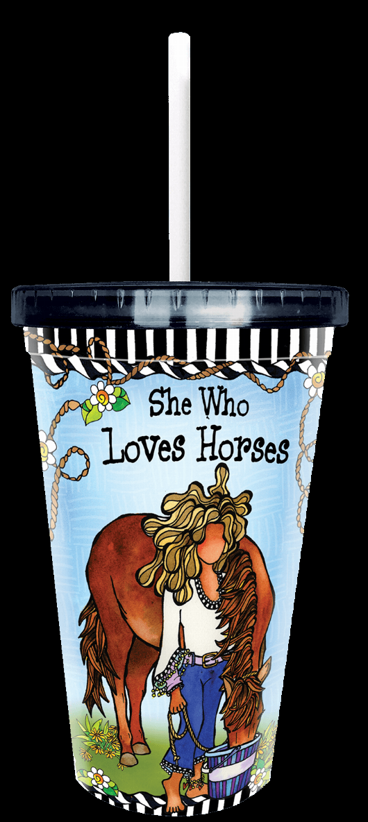 Printed cup with white straw, black striped lid, she who loves horses artwork