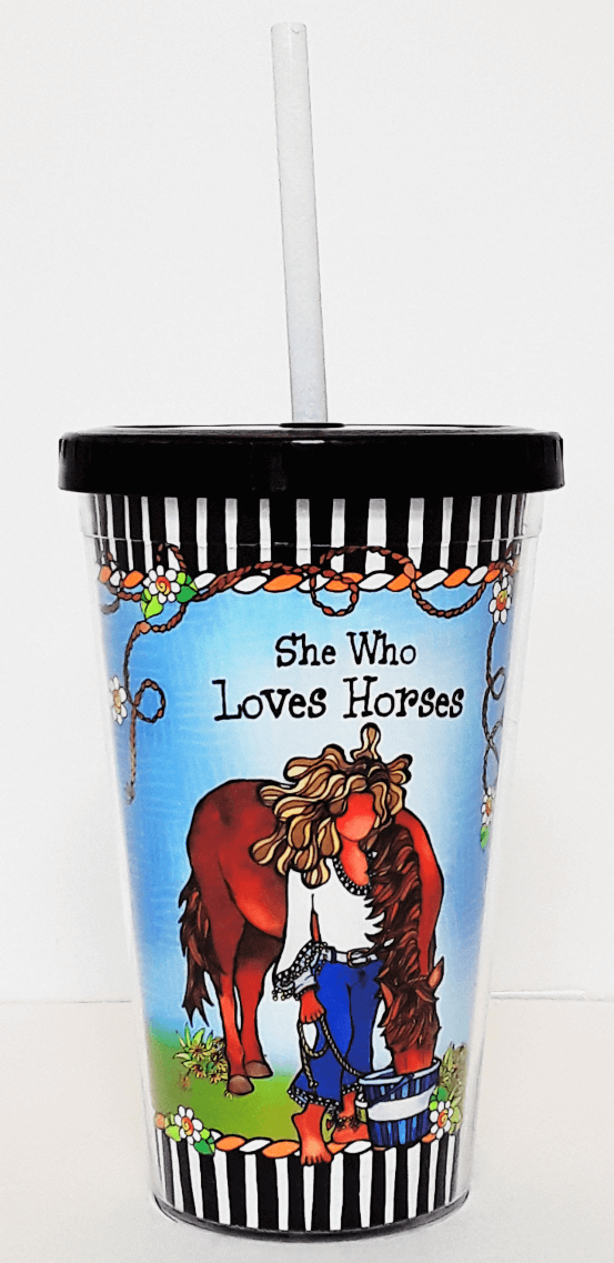 Horse artwork tumbler with black striped lid, white straw and 'She Who Loves Horses'