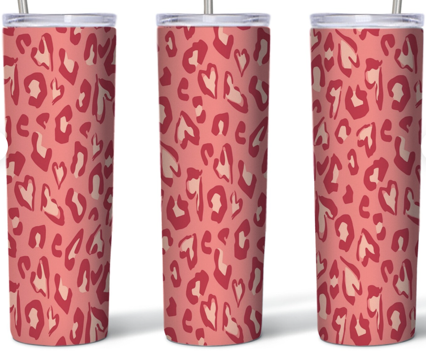Red leopard-pattern stainless steel tumbler with clear lid and straw