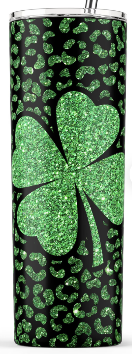 Stainless steel tumbler with black and green leafy floral pattern