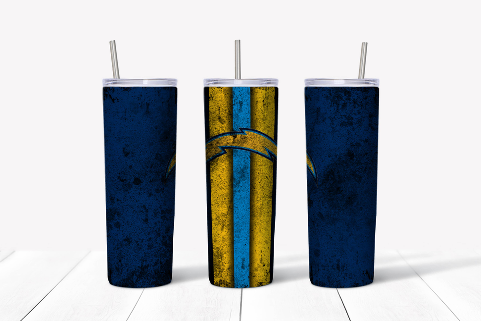 Football-themed stainless steel tumbler with straw, blue exterior and football graphic