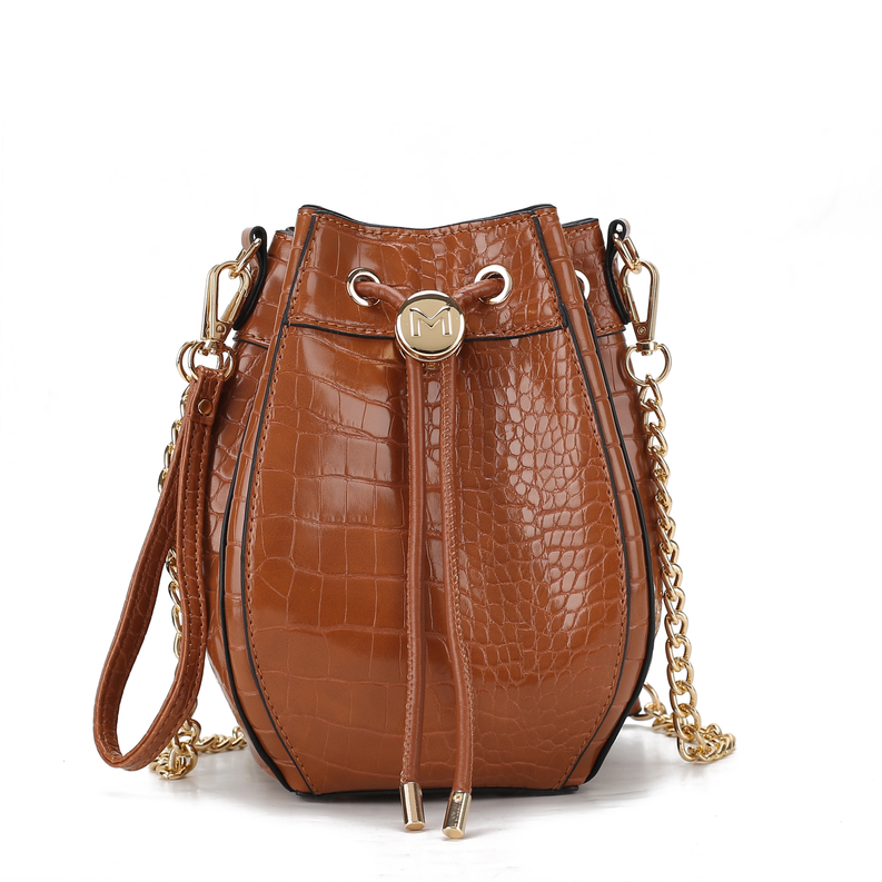 Crocodile-embossed hobo bucket bag, tan with drawstring and M logo front