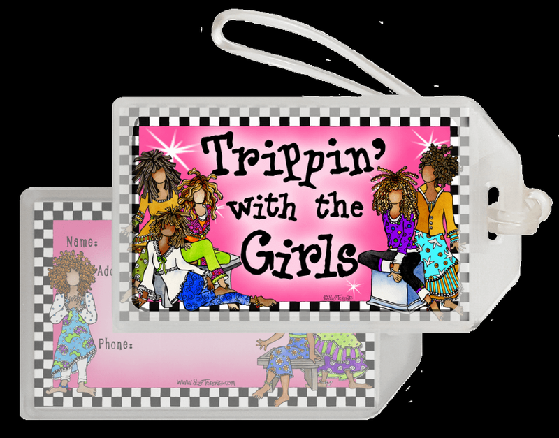 White luggage tag with pink 'Trippin' With the Girls' design and playful figure graphics