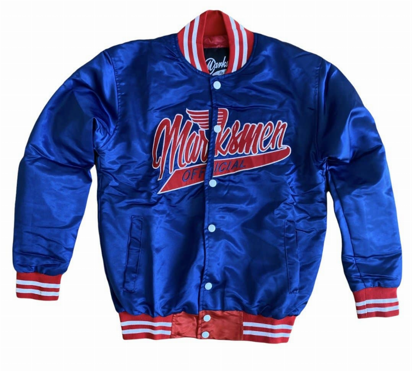 Blue satin bomber jacket with red-and-white striped ribbed cuffs and chest logo graphic