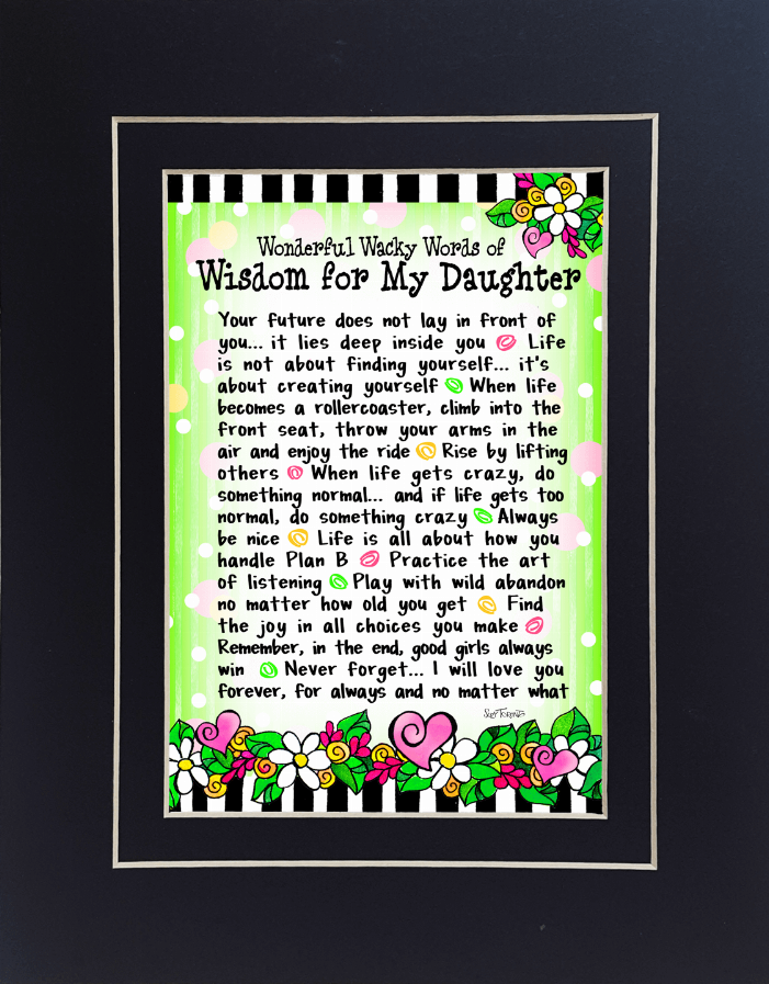Framed wisdom quote artwork with floral corners and green background, black title text