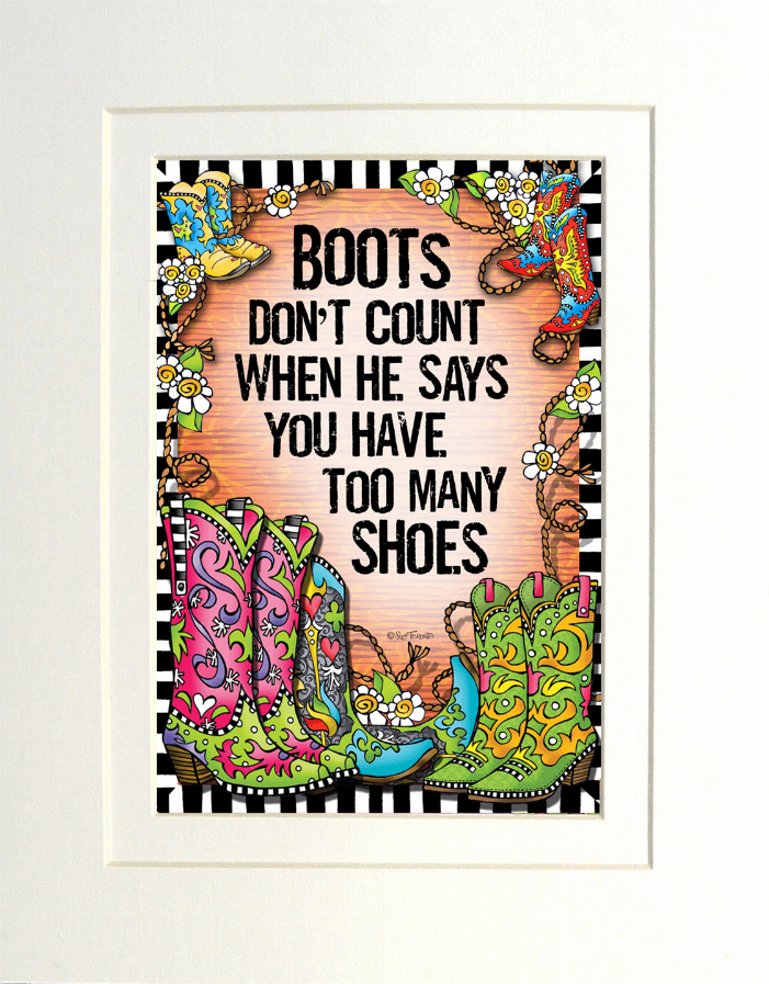 Framed wall art print featuring colorful boots, flowers, and stacked quote text