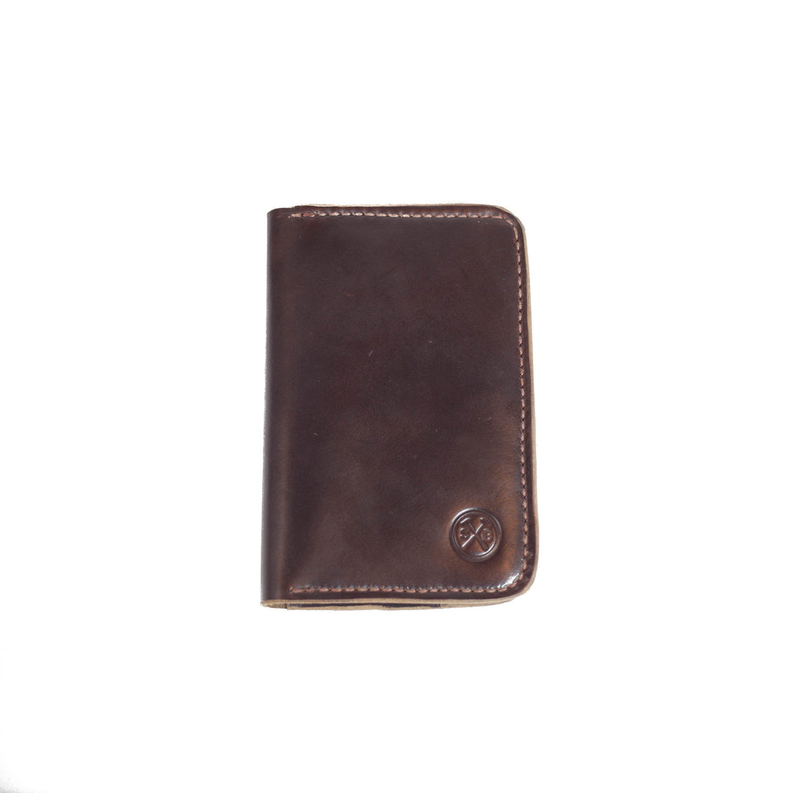 Brown leather carry wallet with stitched edges and circular logo