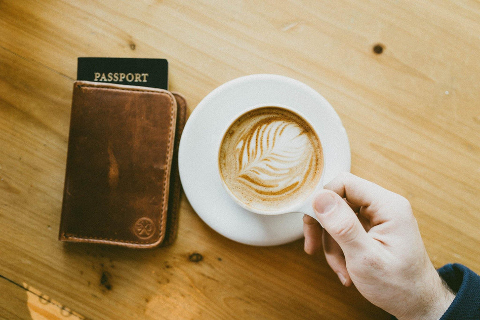 Brown leather passport-style carry wallet with passport and logo patch